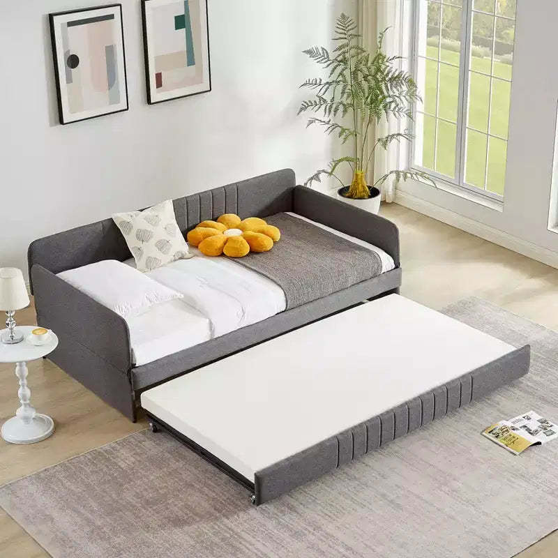 Twin Daybed with Trundle Bed Twin, Linen Upholstered Day Bed with Arm and Backrest, No Box Spring Needed Daybed, Twin Size Day Bed