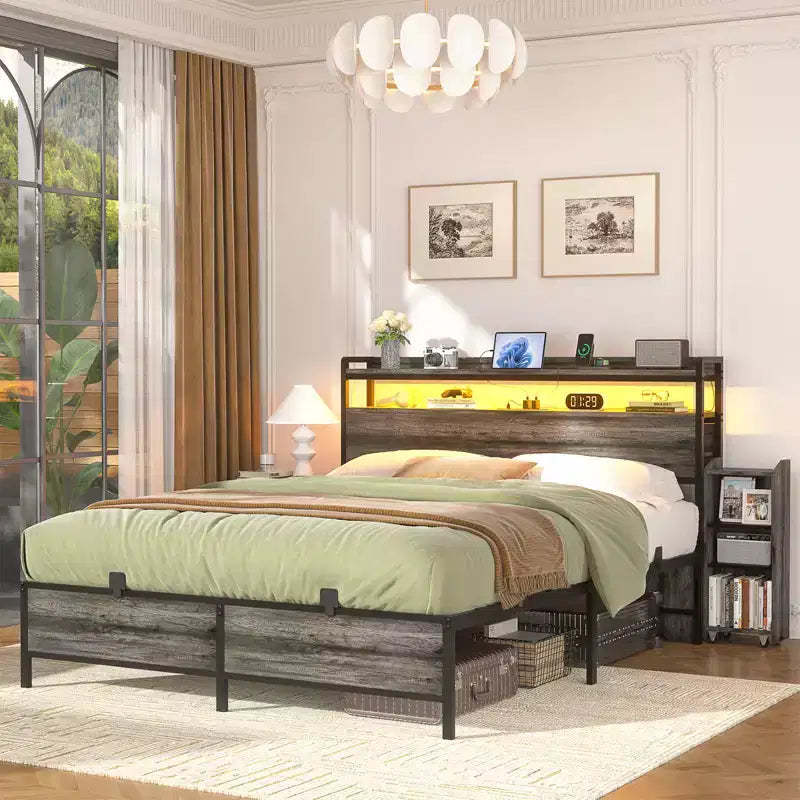 Besiost Full Bookcase Bed with Storage Slide Bedside Shelf and Charging Station & LED Light