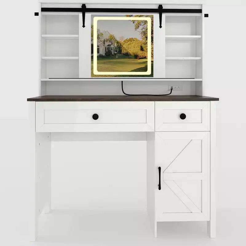 Vanity Desk with LED Lighted Mirror and Power Outlet, Makeup Table with 3 Drawers and Cabinet, Dressing Table with Shelves for Bedroom, White