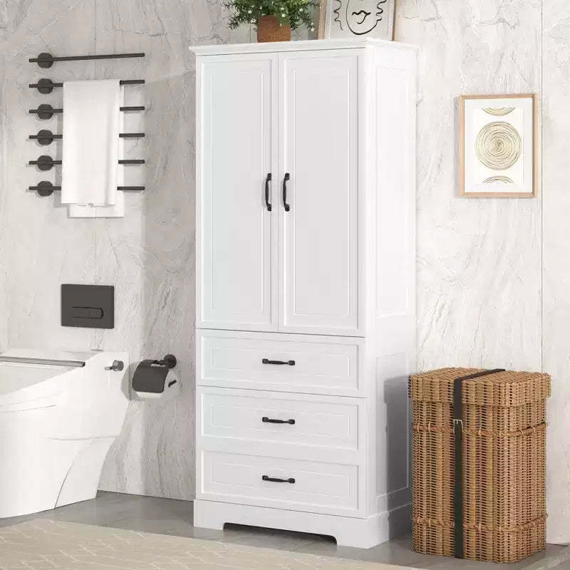 GDFStudio Clara Modern Wood Tall Bathroom Storage Cabinet with Double Doors, Adjustable Shelf and 2 Drawers