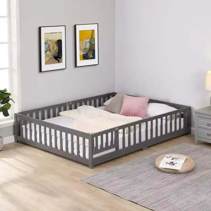 Queen Size Floor Bed with Door and Fence, Montessori Bed with Guardrails and Slats, Wood Platform Bed Frame for Girls and Boys