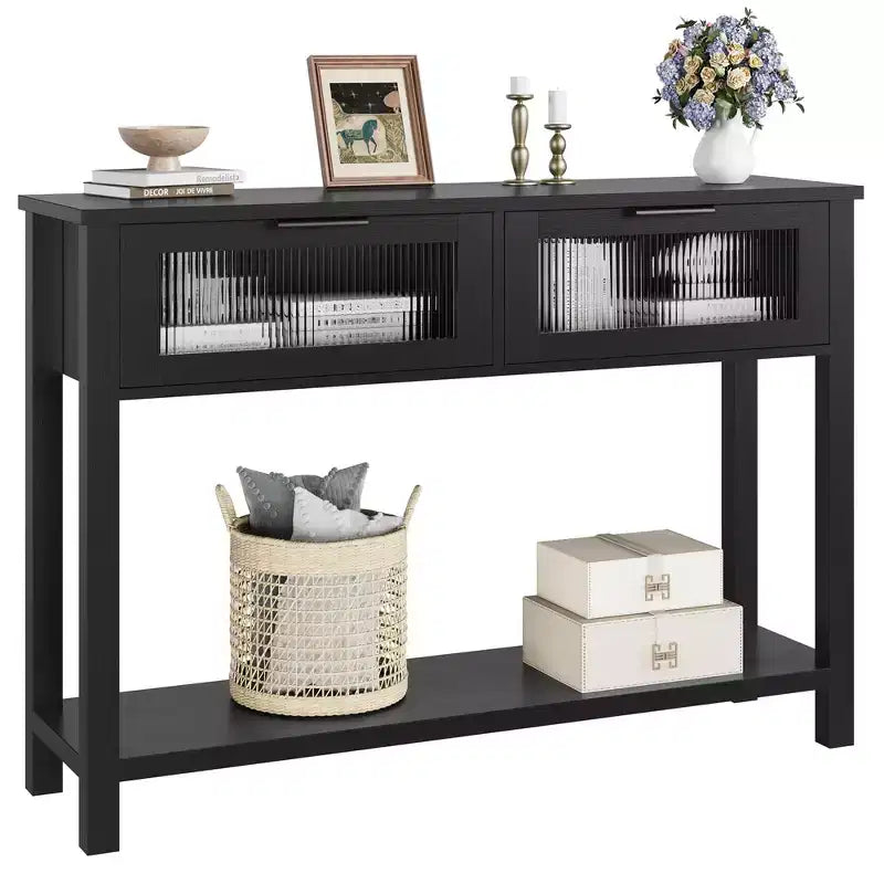 GustoWave 43'' Wood Console Table for Entryway  2-Tier Sofa Table with 2 Glass Drawers and Storage, Ideal for Living Room and Foyer