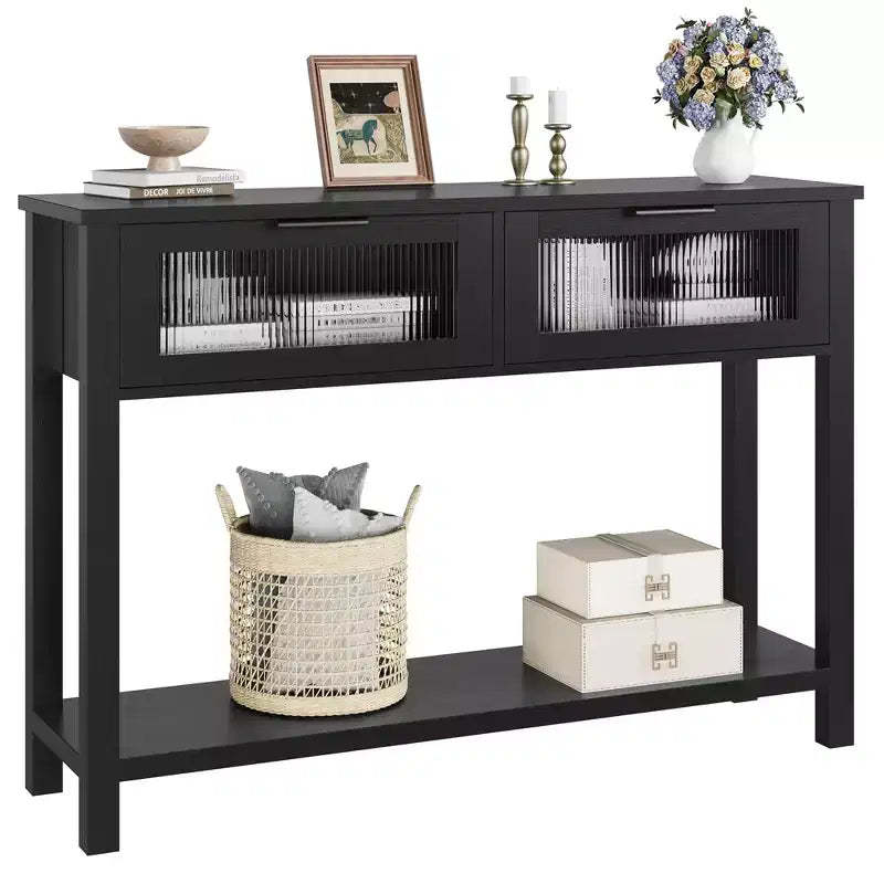 Entryway Table, Wood Console Table with 2 Glass Drawers, 2 Tier Sofa Table with Storage for Living Room, Foyer Tables for Entryway-Black