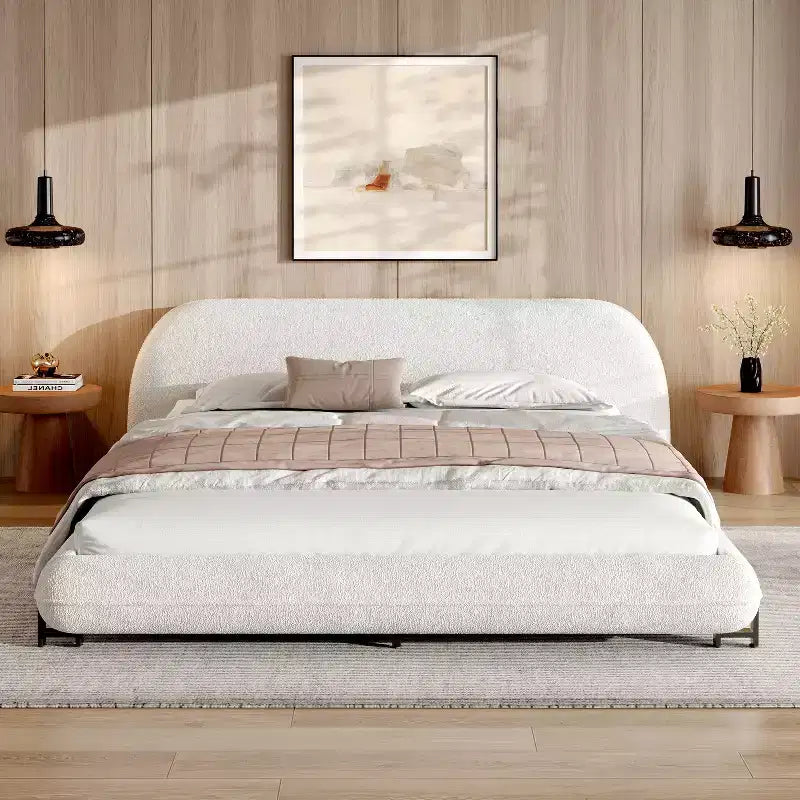 Queen/King Size Upholstered Platform Bed Frame with Thick Padded Headboard, Solid Wood Leg & Curve Design, White - ModernLuxe
