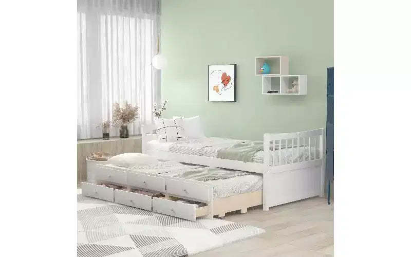 TUYOHW Twin Size Daybed, Sofa Bed Frame with Pull-Out Trundle Bed & 3 Storage Drawers, Multi-Functional Storage Bed, Wood Platform Bed Frame