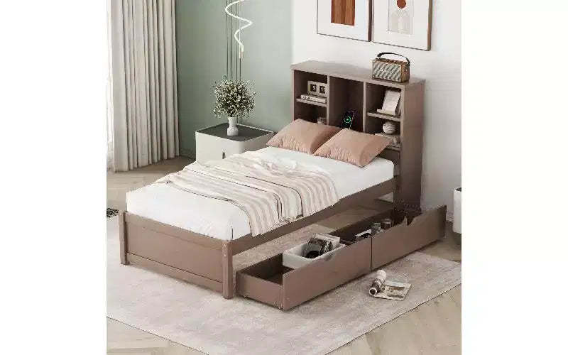 TUYOHW Modern Twin Size Bed Frame with Bookcase Headboard & USB Charging, Wood Platform Bed with 2 Sliding Storage Drawers, Storage Bookcase Bed