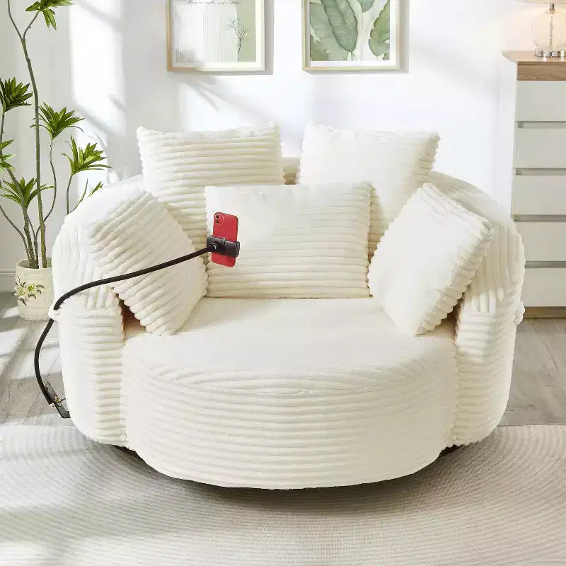 360 Swivel Chair Barrel Chair Accent Chair, Corduroy Round Sofa Chair with 5 Throw Pillows & Adjustable Phone Holder - ModernLuxe