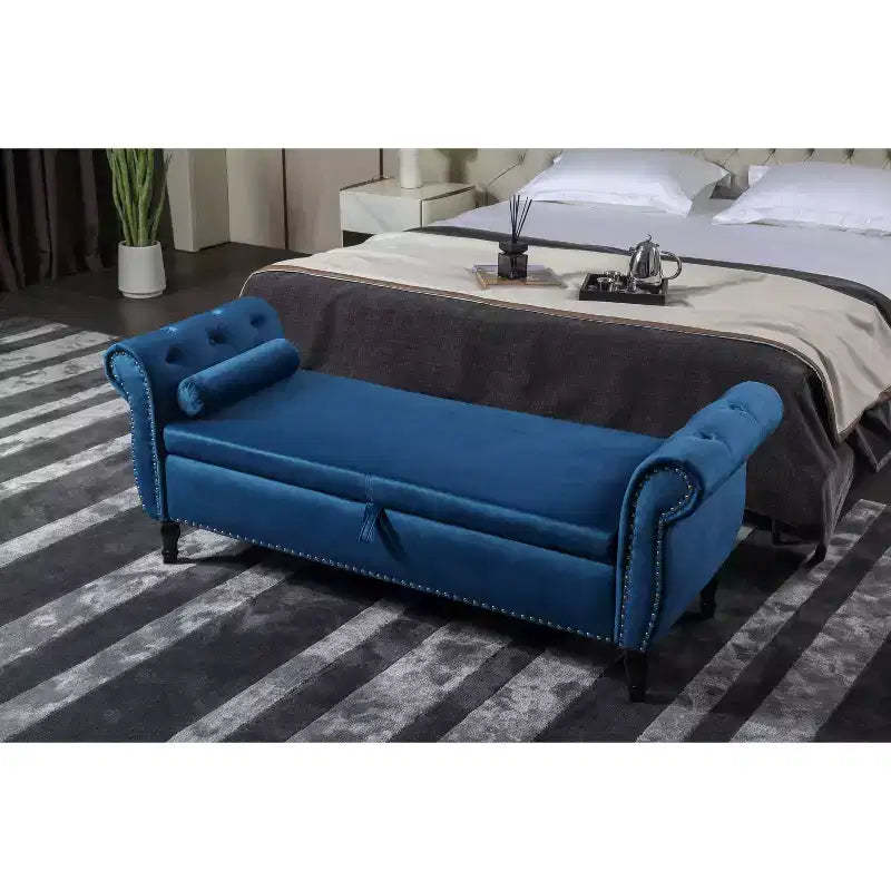 TUYOHW 63 Storage Bench with Button Tufted & Pillow Velvet Upholstered End of Bed Bench with Wood Legs Entryway Bench for Living Room, Bedroom