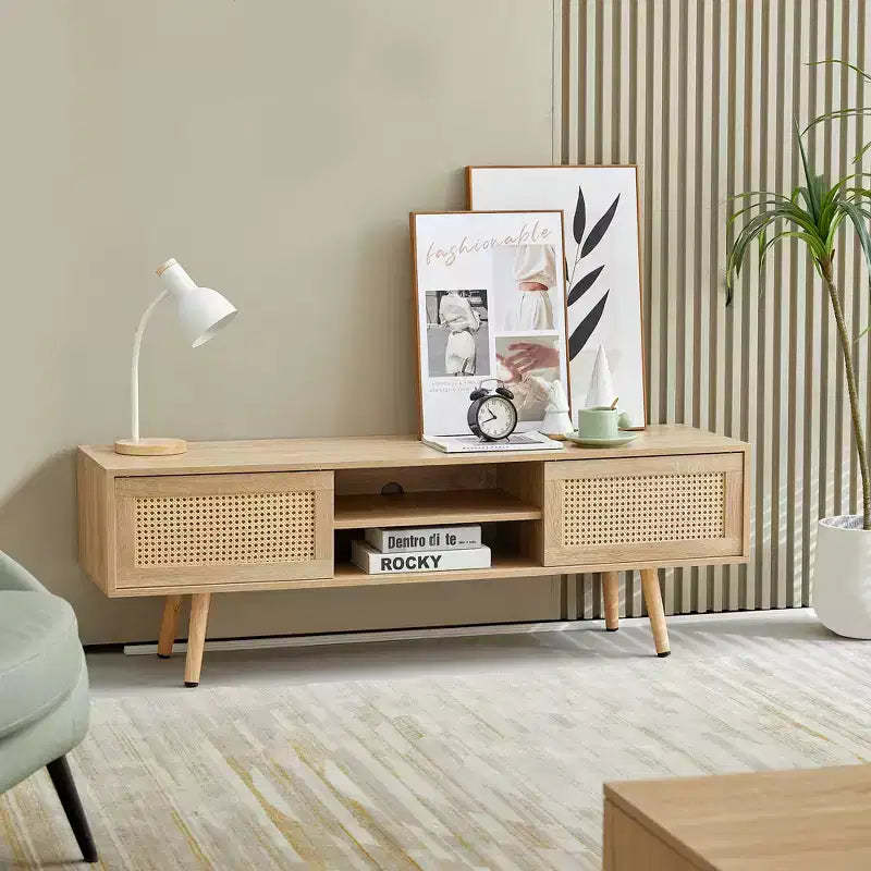 JVNOXK 35.5-inch rattan TV stand with double sliding doors for easy storage and adjustable shelves, natural color