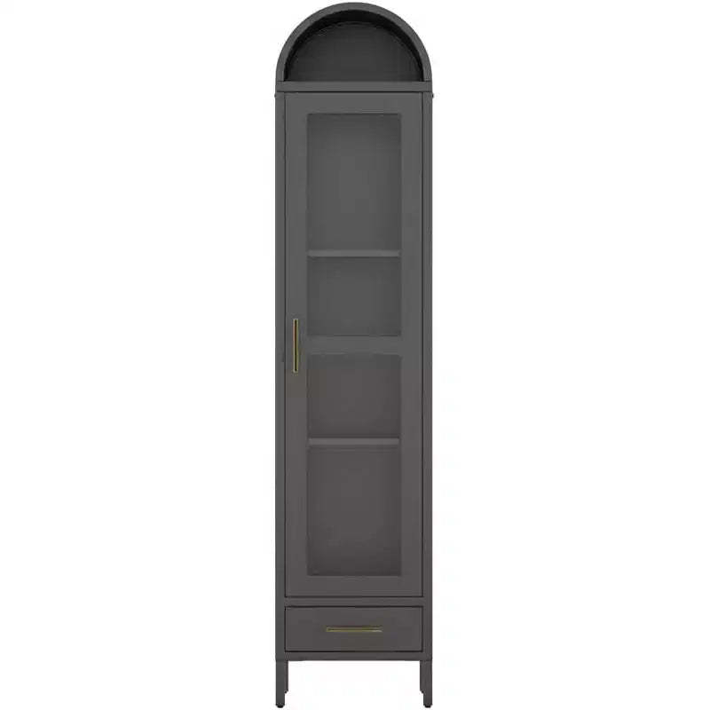 63 in Tall Narrow Arched Bookcase, Metal Arched Storage Cabinet with Glass Door & Drawer, Modern Black Pantry Cabinet for Living Room, Kitchen, Office