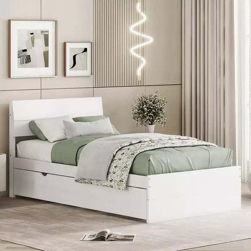 Twin Size Solid Wood Platform Bed with Trundle and Headboard, Wooden Slats Support, No Box Spring Needed, Easy Assembly, for Dorm, Bedroom