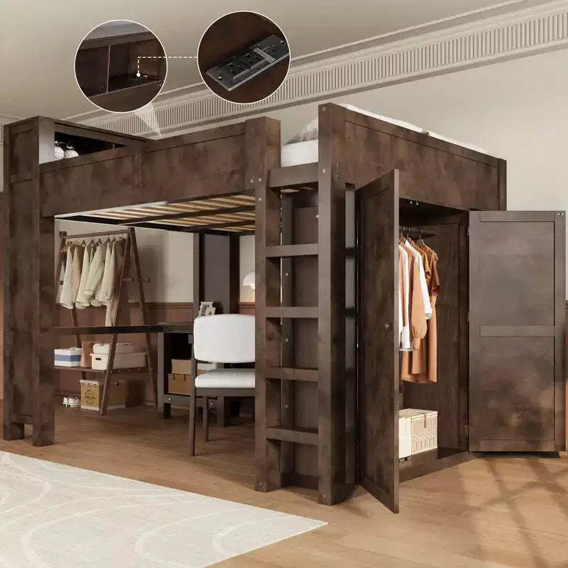 Queen Size Loft Bed with Wardrobe and Desk, Queen Solid Wood Loft Bed with Storage Shelves USB Charging Station