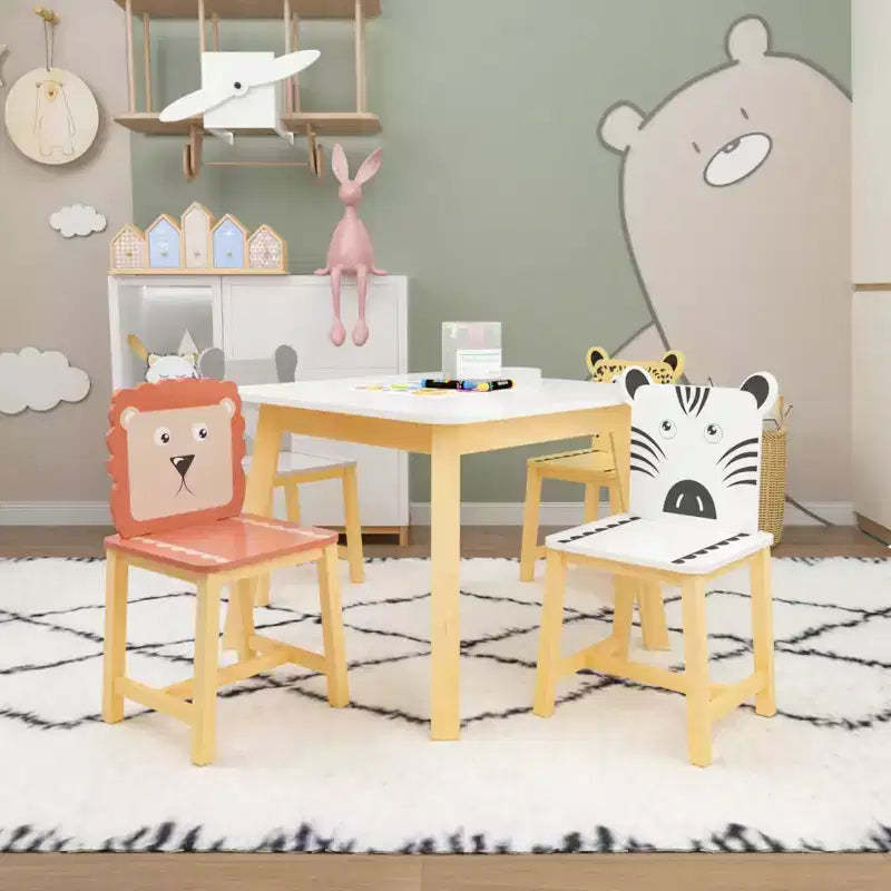 5pcs Kiddy Dining Table Sets, Kids Wood Table with 4 Cartoon Animals Chairs Set 4S - ModernLuxe
