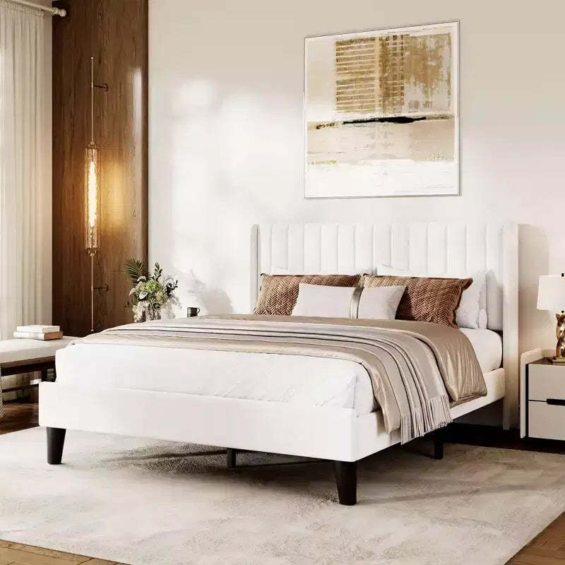 Full Size Velvet Bed Frame with Upholstered Headboard, Velvet Platform Bed Frame Wingback with Wood Slats, No Box Spring Needed, Easy Assembly, Beige