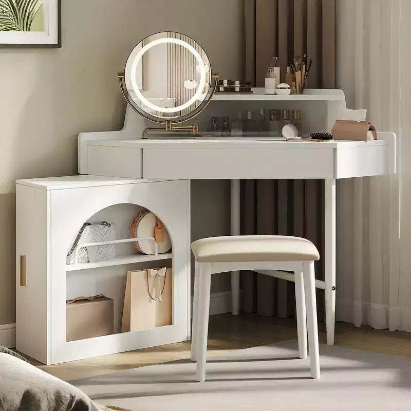 Whisen Corner Makeup Vanity Desk, Modern Vanity Set, Dressing Table with Mirror, Stool and Large Storage - White