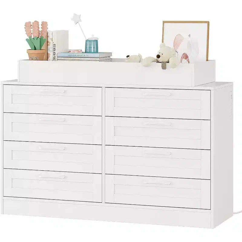 Nursery Dresser with Changing Table Top,Modern Baby Dresser with 8 Wood Drawers,Multi-Drawer Storage Diaper Changing Station with Safety Shelf Top