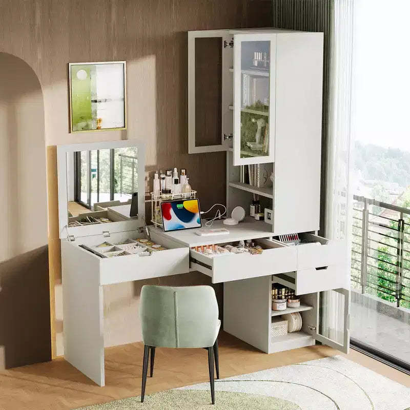 GDFStudio Teresa Modern Mirror Makeup Vanity Desk with 3 Drawers, Multiple Storage Compartments and Charging Station