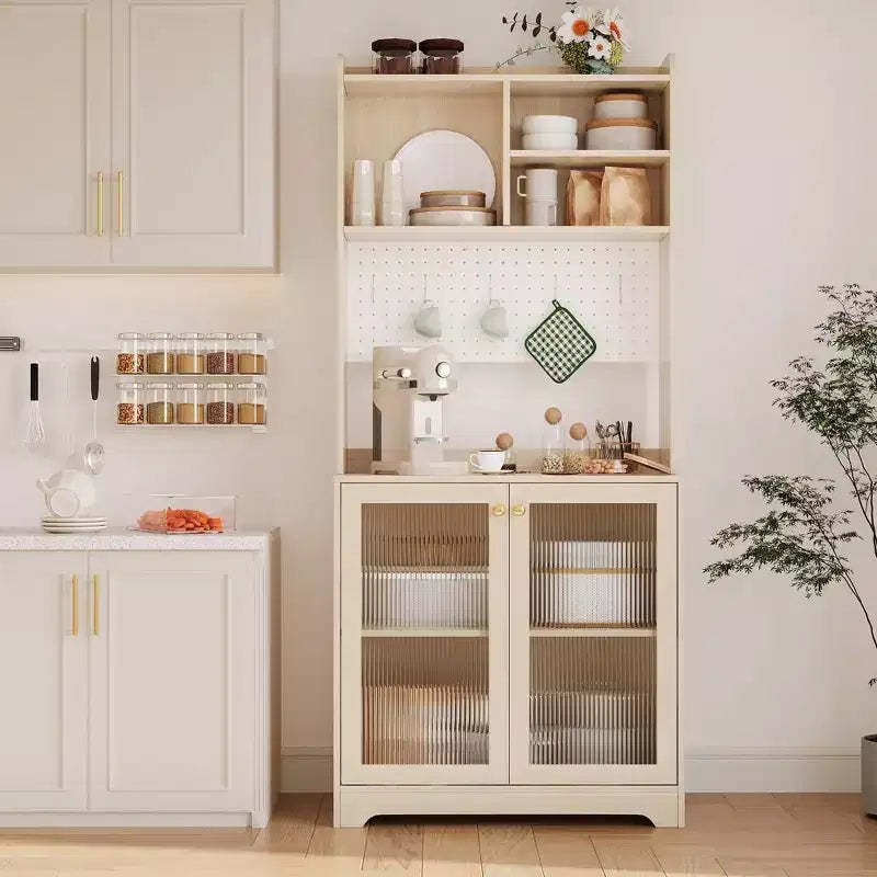 71 Tall Pantry Cabinet with 2 Glass Doors & Adjustable Shelves,Modern Farmhouse Storage for Kitchen, Dining & Living Room