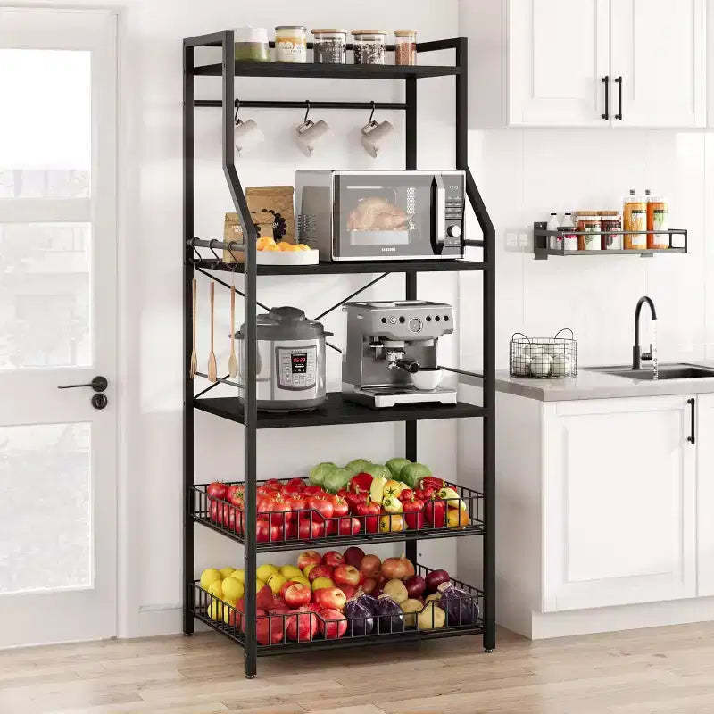 60CM Double-Frame Microwave Stand, 20 Square Pipe & PB Board, Black & Black, for Small Kitchen
