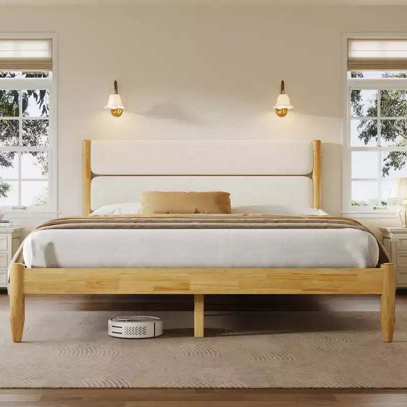 Queen/King Size Platform Bed Frame with Padded Upholstered Headboard, Fleece & Rubber wood Frame, Ivory & Natural - ModernLuxe