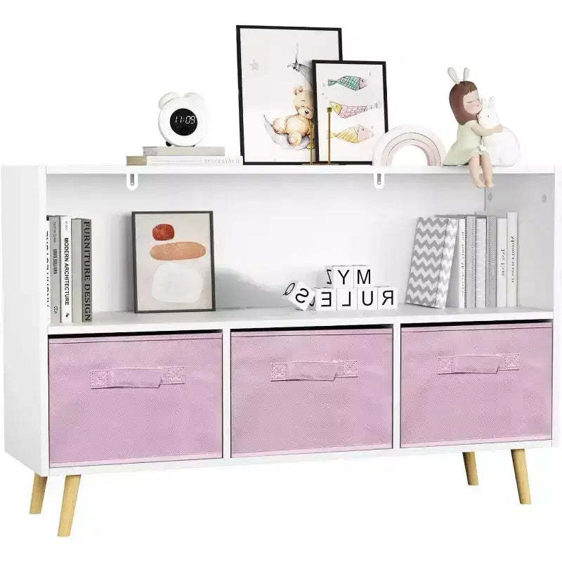 Kids Bookcase with Foldable Fabric Drawers, Wooden Material, Pink, for VC Account, Children's Room