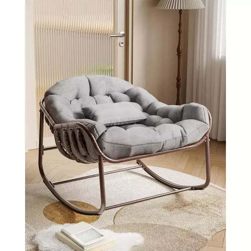 Oversized Papasan Rocking Chair Metal Frame Wicker Rattan Cushion for Patio Backyard Balcony Grey