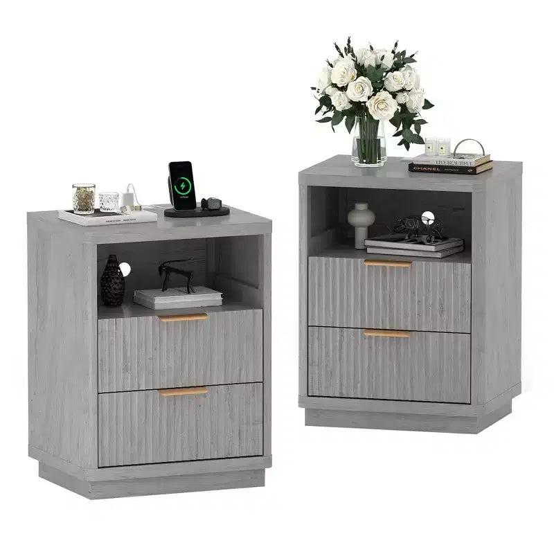 Grey Fluted Nightstand Set of 2 C Modern Farmhouse Bedside Tables with Charging Station & 2-Drawer Storage (Mid-Century Design)