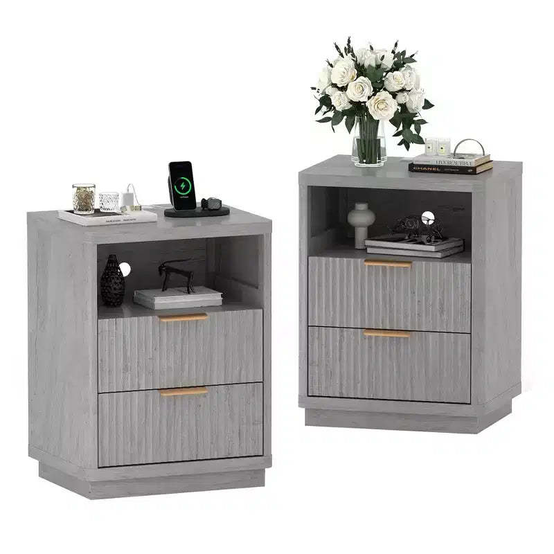 Grey Fluted Nightstand Set of 2 C Modern Farmhouse Bedside Tables with Charging Station & 2-Drawer Storage (Mid-Century Design)