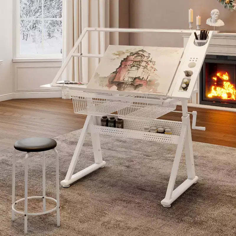 JVNOXK Hand crank adjustable tempered glass drafting drawing and printing table with chair and storage space for living room, study, bedroom(white)