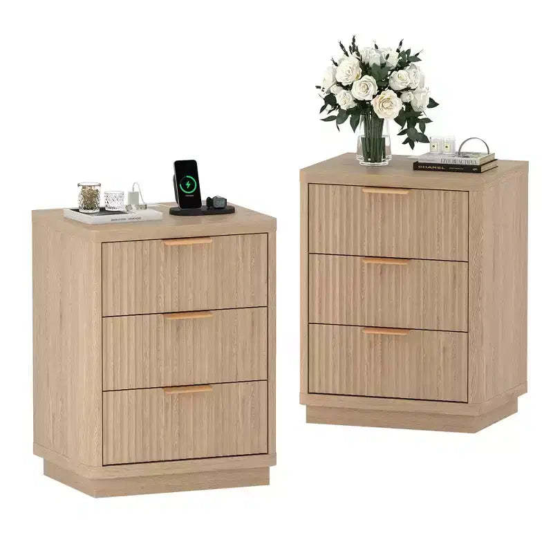 Natural Fluted Nightstand Set of 2 C Modern Farmhouse Bedside Tables with Charging Station & 3-Drawer Storage (Mid-Century Style)
