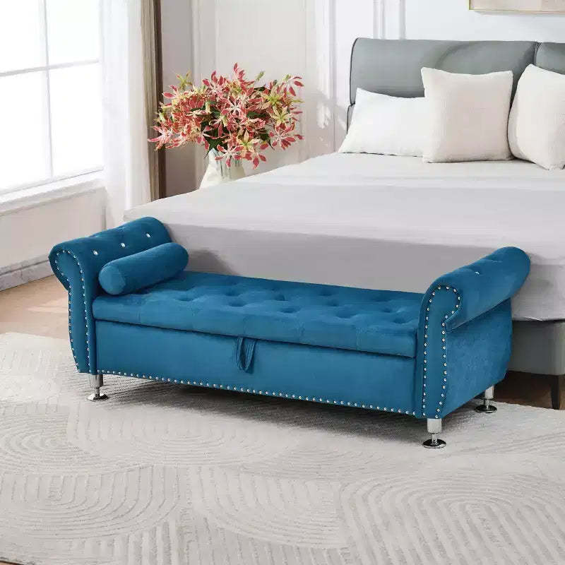 TUYOHW Modern Velvet Storage Bench with Crystal Button & 1 Pillow Upholstered End of Bed Bench with Metal Legs Bench for Living Room, Bedroom