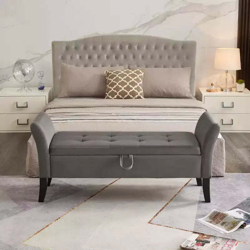 MAYEERTY Velvet Storage Bench, Tufted Uphollstered Bench with Solid Wooden Legs, Multi-Purpose Ottoman for Bedroom Living Room Hallway Gray