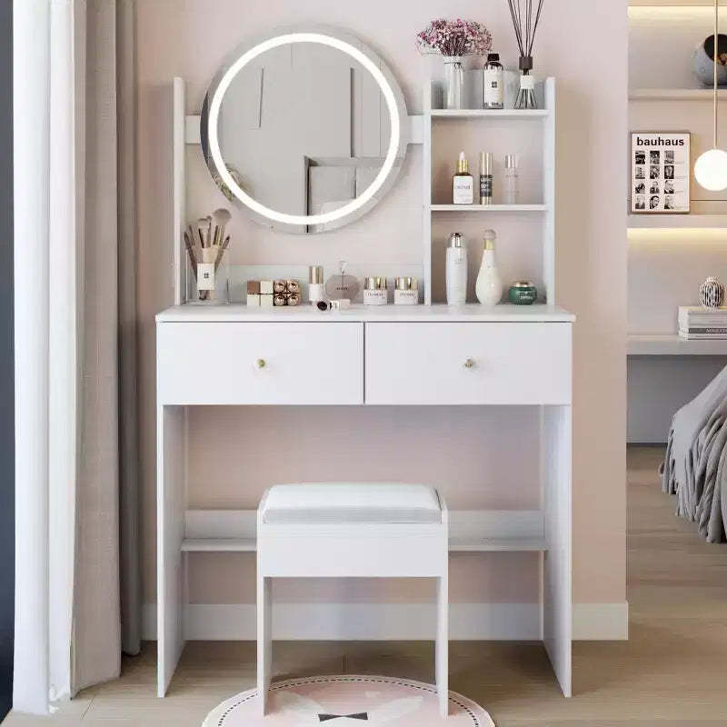 Okak Elegent Makeup Vanity with Round Mirror, Vanity Table with Soft Cushion Stool and Touch Switch, Dressing Table with Ample Storage, White