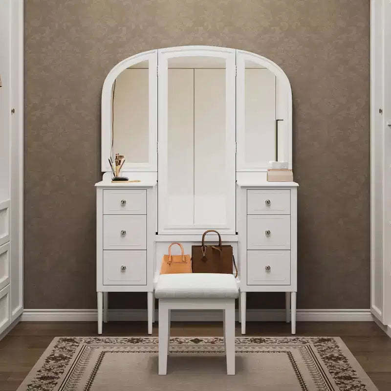 Okak Makeup Vanity with Full Length Mirror, Dressing Table with Stool and 6 Drawers, Makeup Desk for Living Room, Dressing Room, White