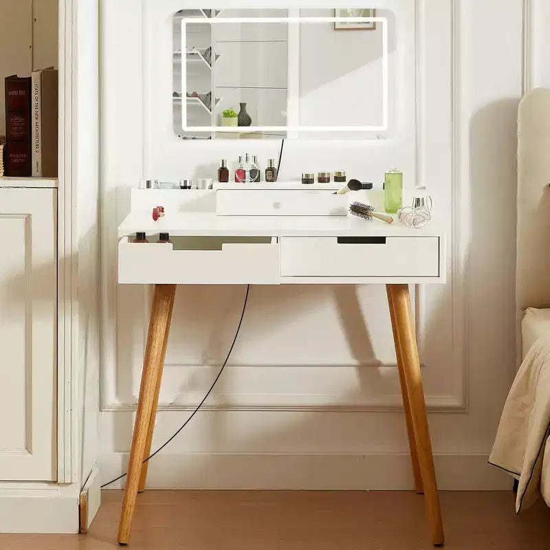 Okak Modern Vanity Desk with Removable Mirror, 3 Color Modes Adjustable Makeup Desk, Dressing Table for Living Room, Bedroom, White