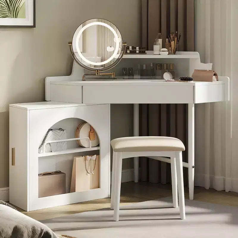 Okak Modern Makeup Vanity with Folding Mirror and Stool, Corner Vanity with Large Storage, Small Vanity Desk for Living Room, Dressing Room, White
