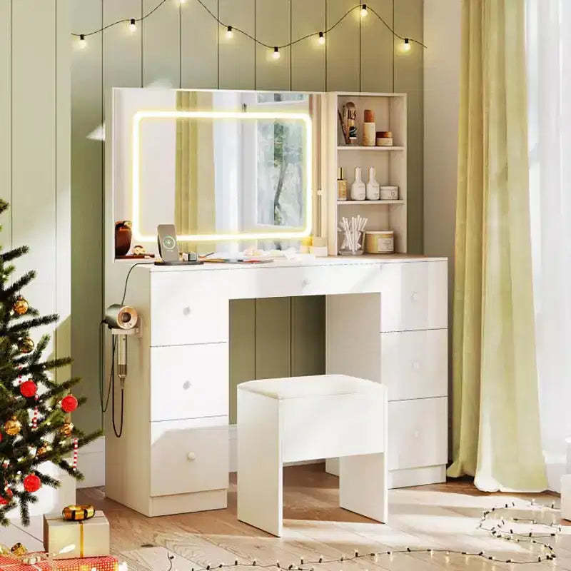 Okak Stylish Vanity Desk with Mirror, Makeup Vanity with Padding Storage Stool, Dressing Table with Adjustable Mode for Living Room, White