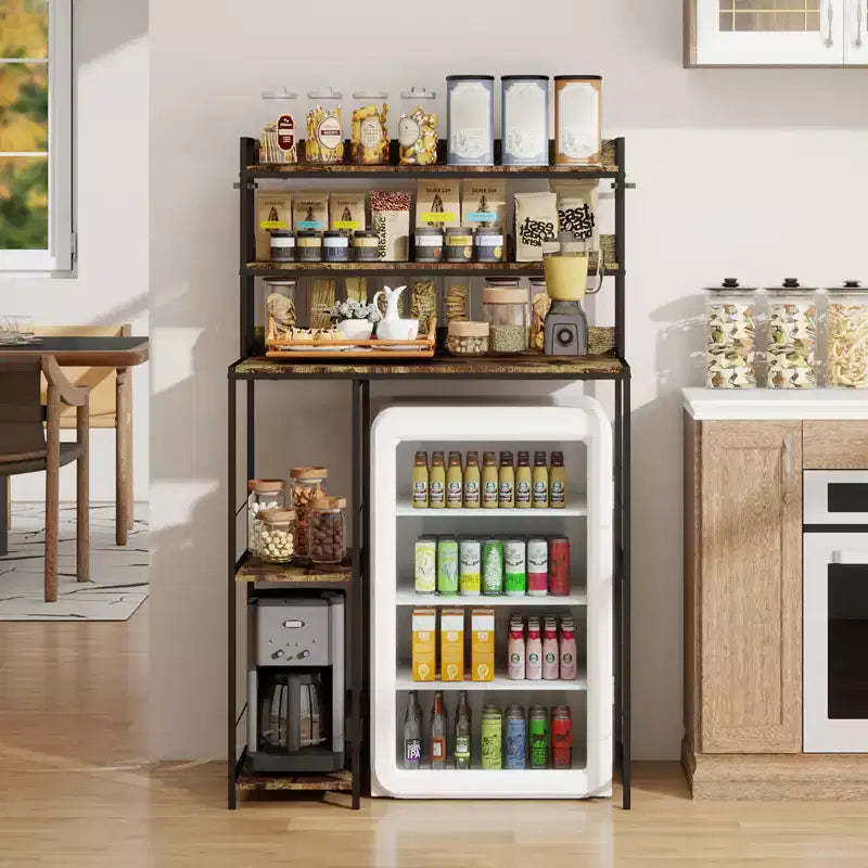 Mini Fridge Stand With Storage Shelves, Space Saving Mini Fridge Cabinet, Adjustable Left/Right Organizer With Power Outlet