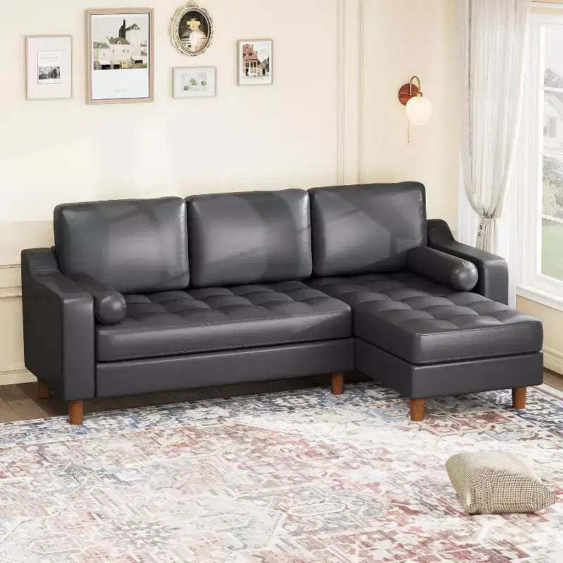 88.9 L-Shaped Sectional Sofa with Convertible Chaise, Modern Mid-Century 3-Seat Faux Leather Couch, Deep Seating for Living Room,Apartment,Orange