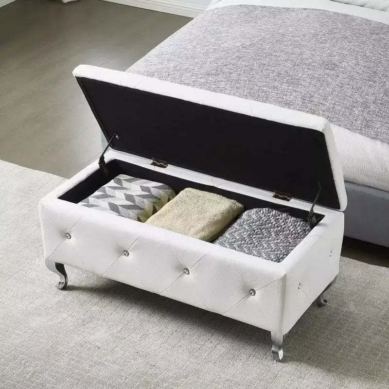 Storage Bench with Faux Leather Cushion, White Upholstered Bench with Crystal Buttons & Metal Legs for Living Room Bedroom