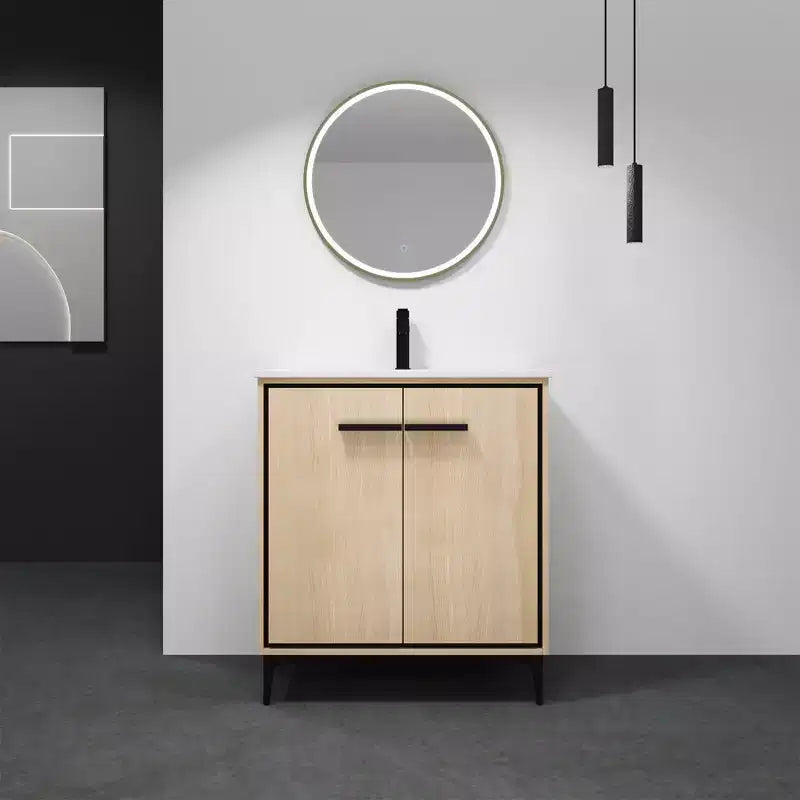 Fully Pre-Assembled Black 24 Inch Bathroom Vanity with Single Ceramic Countertop Sink Combo, 2 Soft Close Doors Bathroom Cabinet Set