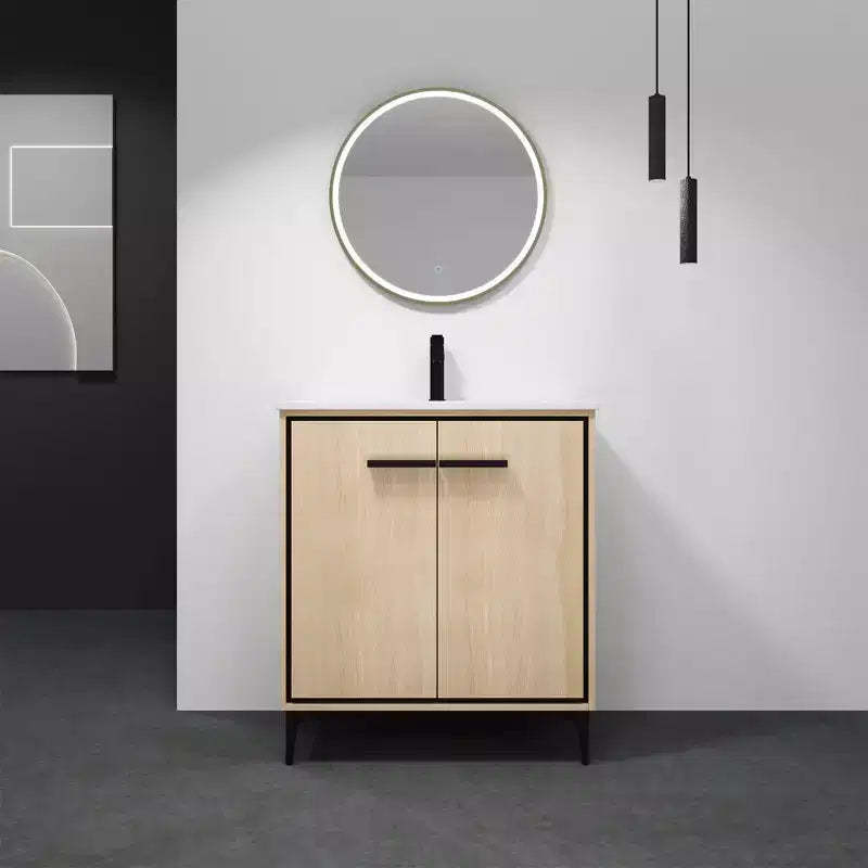 Fully Pre-Assembled Black 24 Inch Bathroom Vanity with Single Ceramic Countertop Sink Combo, 2 Soft Close Doors Bathroom Cabinet Set