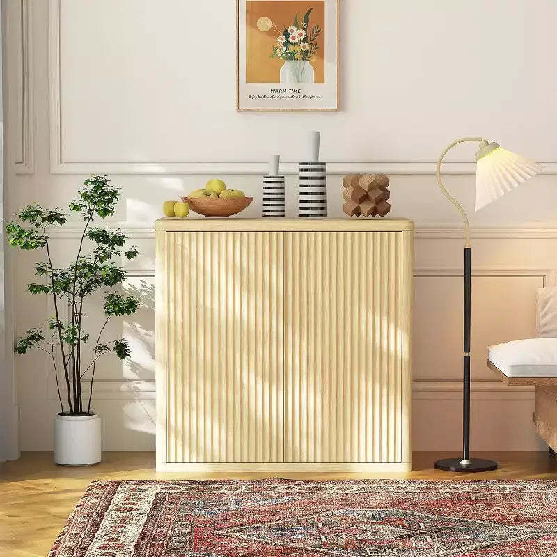 Fluted Sideboard Buffet Cabinet, 34.6in Wide Wooden Cupboard Storage Cabinet with Adjustable Shelves for Kitchen Dining Living Room
