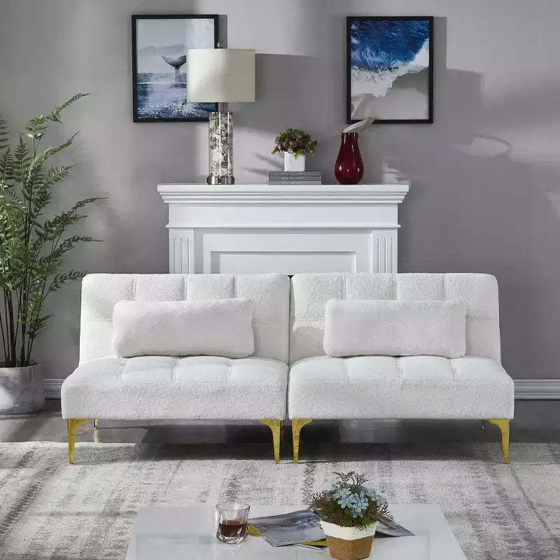 MAYEERTY Comfortable Teddy Fabric Futon Sofa Gold Metal Legs, Foam & Spring for Living Room White