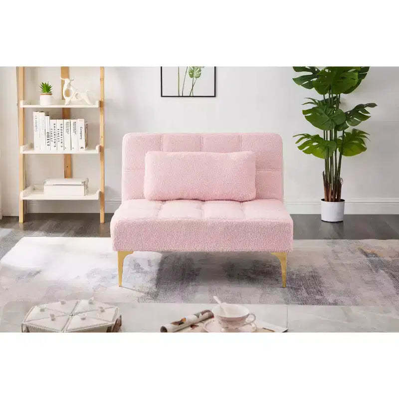 MAYEERTY Comfortable Teddy Fabric Futon Single Sofa Gold Metal Legs, Foam & Spring for Living Room Pink