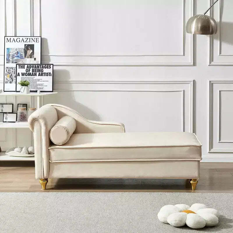 MAYEERTY Velvet Chaise Lounge Sofa with Gold Metal Legs Round Pillow for Living Room Beige