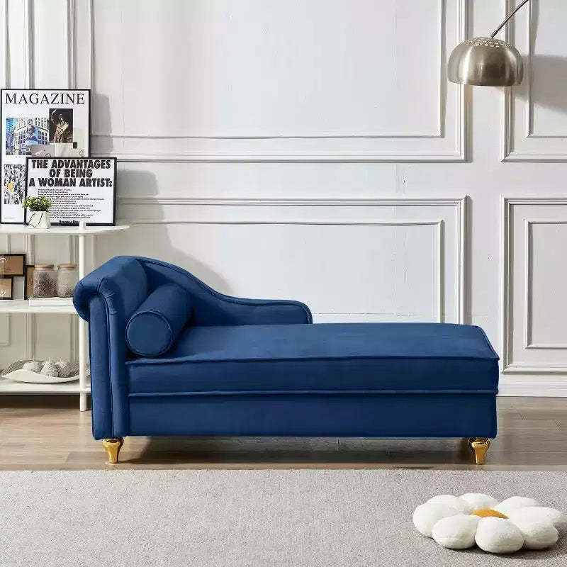 MAYEERTY Velvet Chaise Lounge Sofa with Gold Metal Legs Round Pillow for Living Room Blue