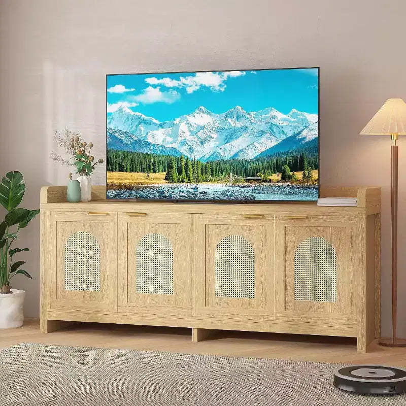 TV Stand for 65 Inch TV, Wood Entertainment Center with Glass Door Storage Cabinet, Console Table for TV for Living Room Bedroom