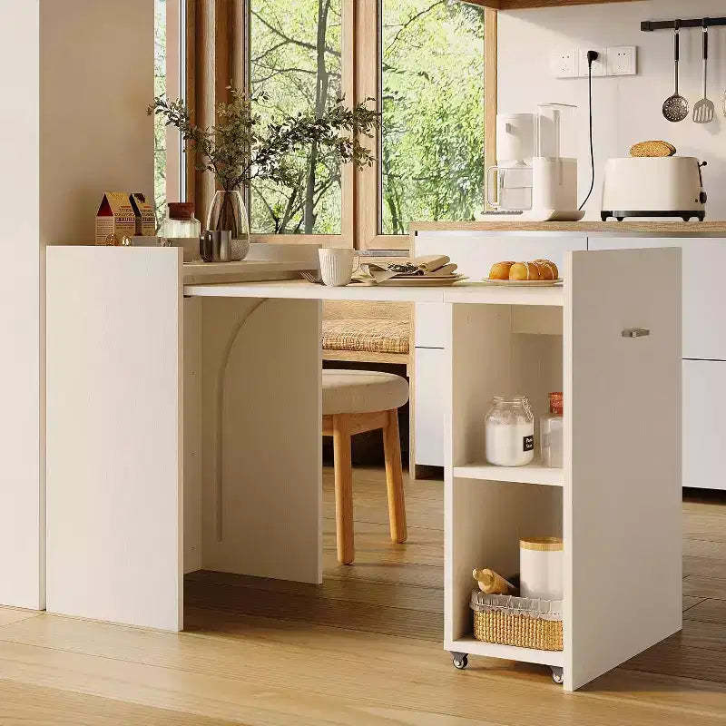 50 Folding Table with Storage Cabinet & Wheels, Extendable Drop Leaf Desk for Kitchen, Home Office and Bedroom