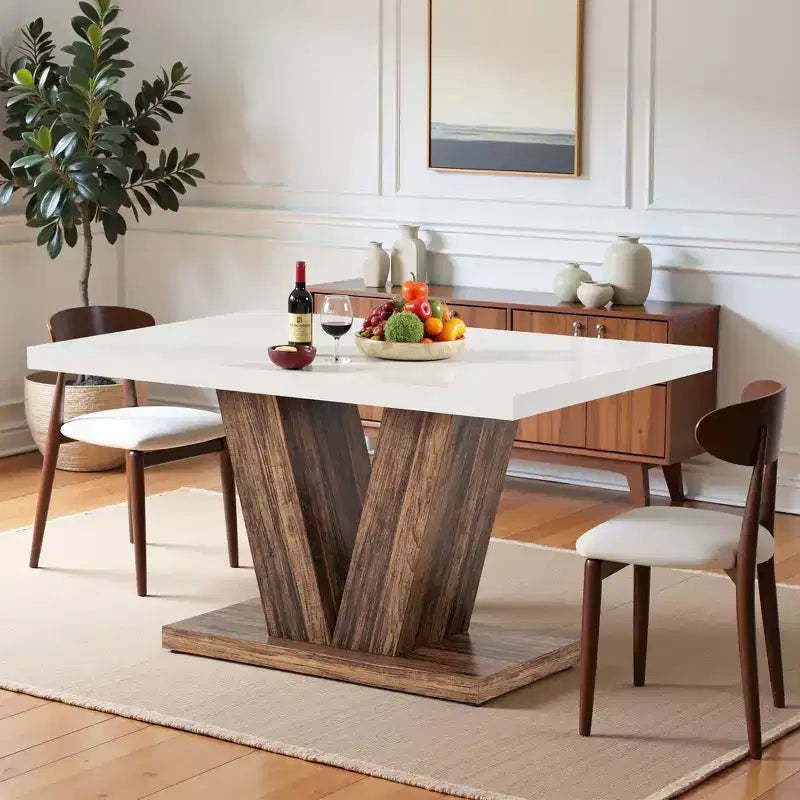 TUYOHW Farmhouse Dining Table for 4-6,Rectangular Kitchen Table with 1.57 Thick Top & Triangle Support,47.2 L,White+Brown